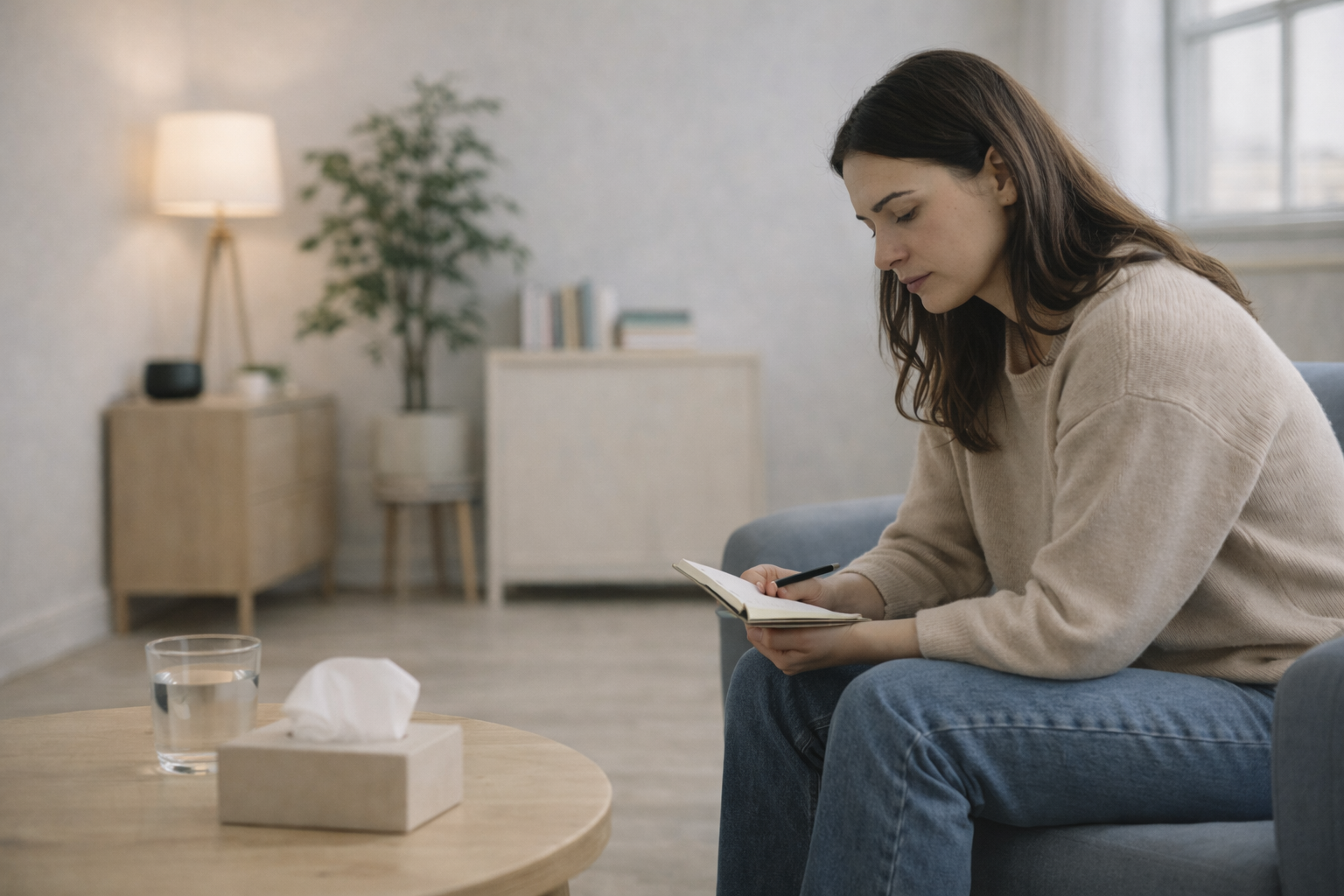Illustration of two people having a calm conversation in a comfortable setting, with a mediator present